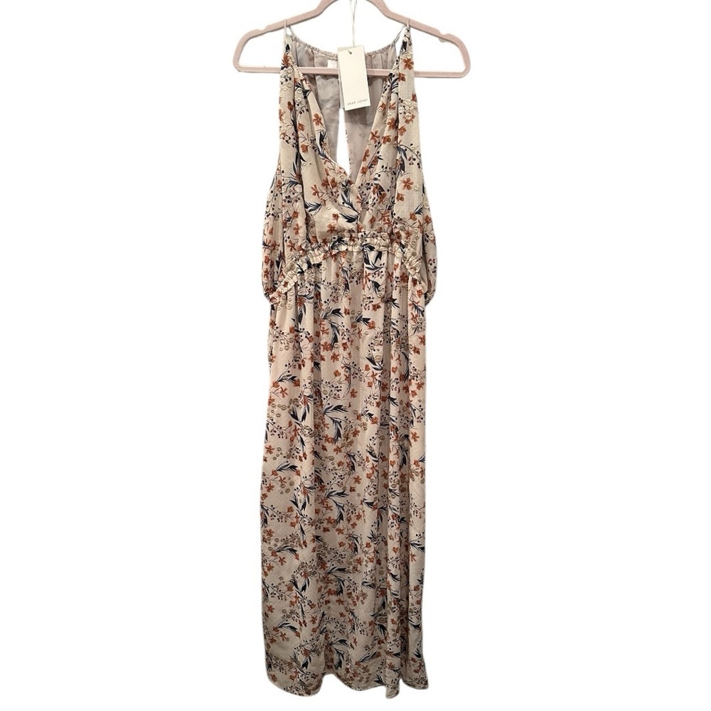 NWT DearJohn Floral VNeck Maxi Dress Split Back Spring Romance Sz L Gold Shimmer